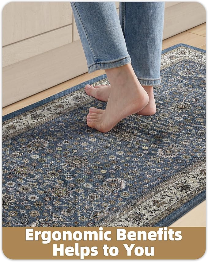 Color&Geometry Anti Fatigue Kitchen Mats for Floor 24x59, Vintage Decor, Easy Clean, Waterproof & Oil Proof, 0.4" Thick Cushioned, Non-Slip Kitchen Runner Rug for Sink, Laundry, Office, Blue