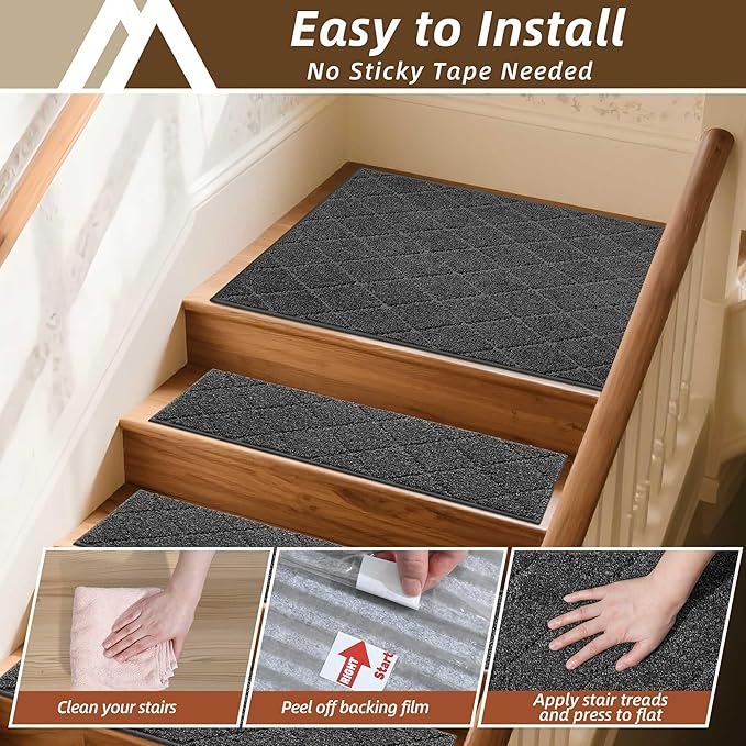 COSY HOMEER Edging Stair Treads Non-Slip Corner Indoor Stair Runners for Wooden Steps,Landing Slip Resistant Stair Rugs Mat for Kids and Dogs,100% Polyester TPE Backing,Black,30x30 inch
