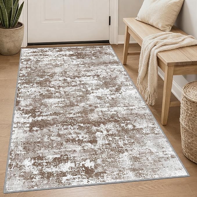 3x5 Area Rug Washable Entryway Rug Non Slip Abstract Tear and Stain Resistance No Pile Lightweight Throw Rugs Carpet for Kitchen, Entrance, Foyer, Bedside, Mudroom, Brown