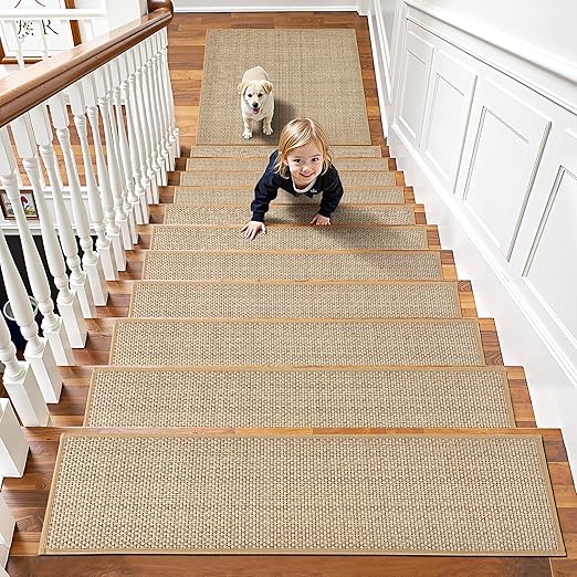 Chenille Stair Treads Non Slip 4pcs Absorbent Stair Runner for Wooden Steps Rubber Backing Stairs Carpet Treads Indoor Staircase Covers Mat with Rubber Backing for Pets Kids 8"X30" Beige