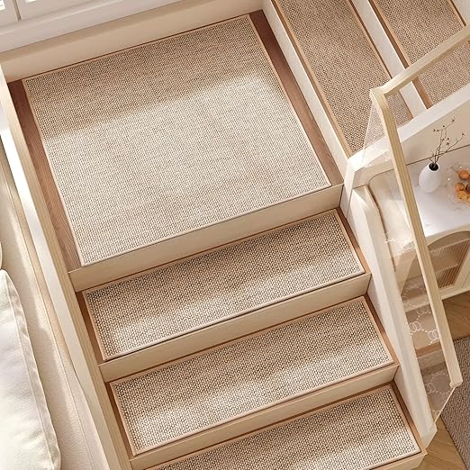 Deerly 15pcs Stairs Treads and 1 Landing Carpet, Breathable Linen Stair Carpet Non Slip for Wooden Steps Peel and Stick Stairs Runner Indoor Self-Adhesive Treads Stair Covers Mat 8"X30" and 30"X30"