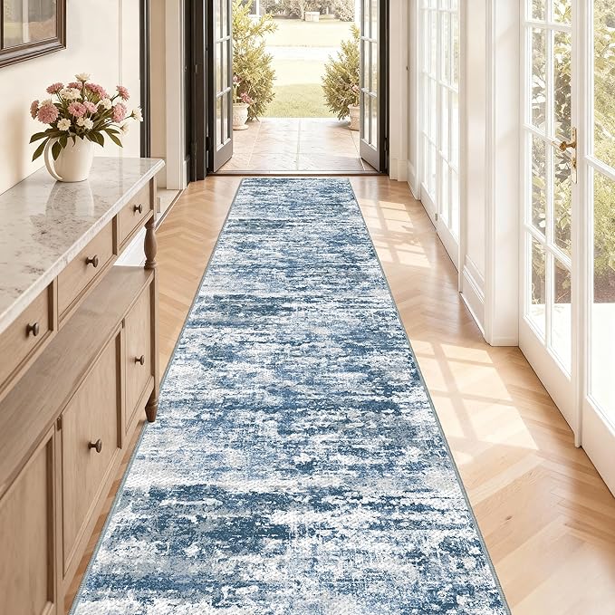 Kitchen Rugs Ultra Non-Slip 2.6x12 Washable Runner Rug Abstract Tear and Stain Resistance No Pile Lightweight Runners for Entryway, Hallway, Walkway, Bedside, Entrance, Blue