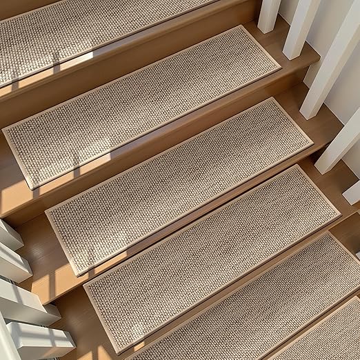 Deerly Linen Stair Treads Non Slip 15pcs Stair Runner for Wooden Steps Peel and Stick Stairs Carpet Treads Indoor Staircase Covers Mat with Self-Adhesive Backing for Pets and Kids 8"X30" Beige