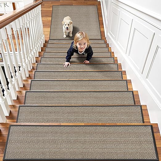 Chenille Stair Treads Non Slip 10pcs Comfortable Stair Runner for Wooden Steps Rubber Backing Stairs Carpet Treads Indoor Staircase Covers Mat with Rubber Backing for Pets Kids 8"X30" Black White