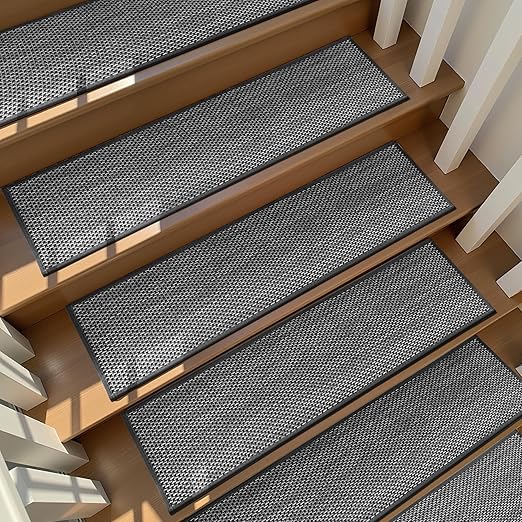 Deerly Carpet Stairs Runner Non Slip 7pcs Breathable Linen Stair Runner for Wooden Steps Peel and Stick Stair Treads Indoor Absorbent Staircase Covers Mat with Self-Adhesive Backing 8"X30" Black White