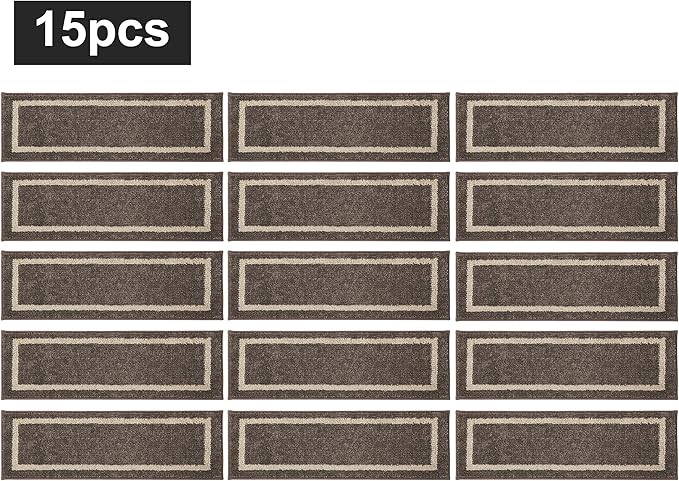 COSY HOMEER Soft Stair Treads 15pcs Non-Slip Carpet Mat 28inX9in Indoor Stair Runners for Wooden Steps,Stair Rugs for Kids and Dogs, 100% Polyester TPE Backing Brown,Square