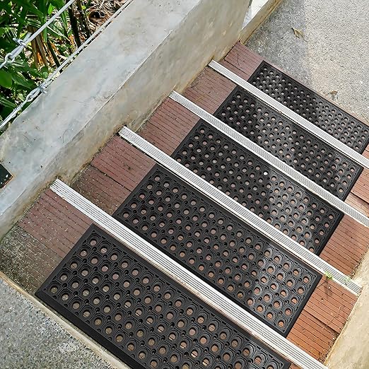 Ottomanson All-Weather Rubber Stair Treads – Non-Slip Step Mats for Wooden, Concrete, or Outdoor Stairs, Easy Maintenance, Tool-Free Placement, Pack of 5, 10" x 30", Black Circles