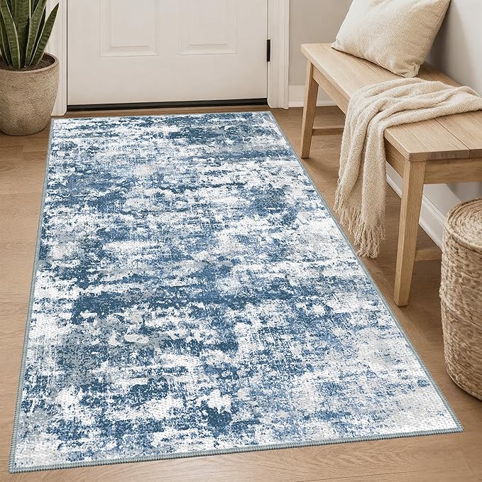 3x5 Area Rug Washable Entryway Rug Non Slip Abstract Tear and Stain Resistance No Pile Lightweight Throw Rugs Carpet for Kitchen, Entrance, Foyer, Bedside, Mudroom, Blue