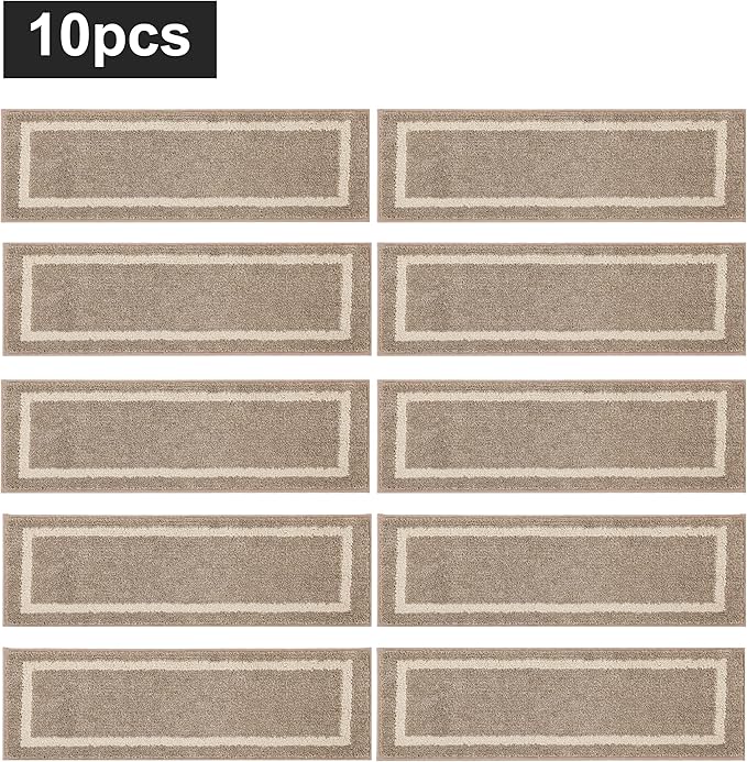 COSY HOMEER Soft Stair Treads Non-Slip Carpet Mat 28inX9in Indoor Stair Runners for Wooden Steps,Stair Rugs for Kids and Dogs, 100% Polyester TPE Backing 10pcs,Beige,Square
