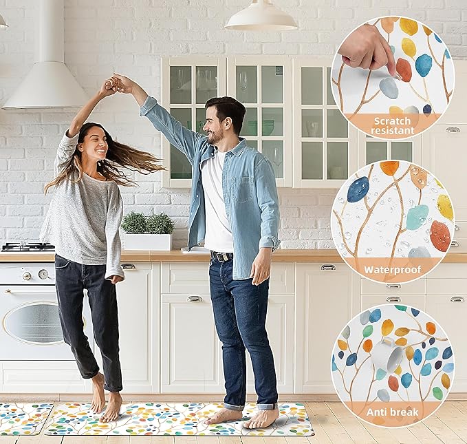 weesire Anti Fatigue Mats for Kitchen Floor Boho Kitchen Rugs Colorful Floral Leaves Memory Foam Cushioned Non-Slip Waterproof Kitchen Mat PVC Kitchen Rug Set, 17.3x28+17.3x47 inches, Laundry, Yellow