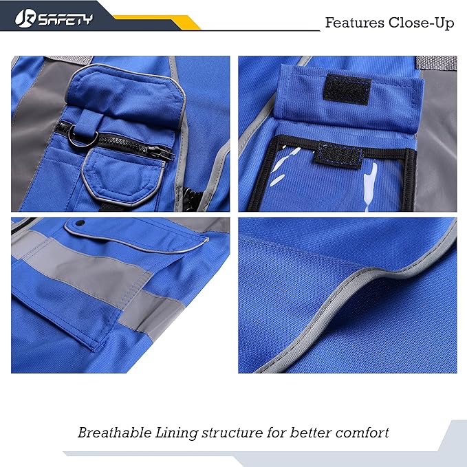 JKSafety 9 Pockets High Visibility Zipper Front Safety Vest With Reflective Strips Meets ANSI/ISEA Standard (150Blue-M)
