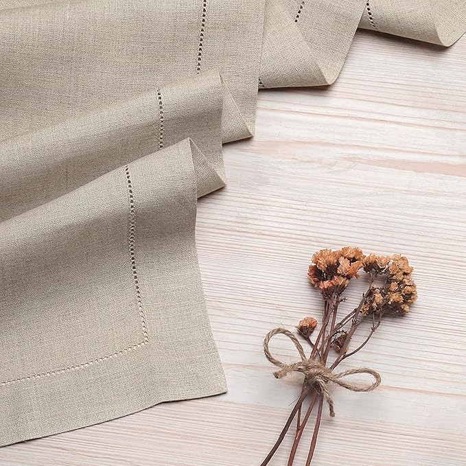 D'Moksha Homes Linen Natural Table Runner 72 Inches Long - 100% Pure Linen Hemstitch Table Runner 14 x 72 Inch for Dresser, Dining, Valentines, Spring, Easter - Classic Hemstitch