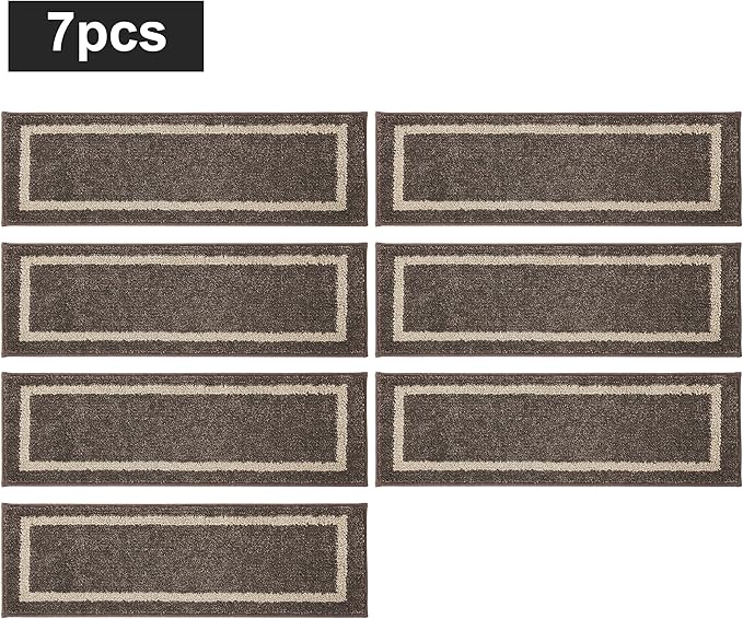 COSY HOMEER Soft Stair Treads Non-Slip Carpet Mat 28inX9in Indoor Stair Runners for Wooden Steps,Stair Rugs for Kids and Dogs, 100% Polyester TPE Backing 7pcs,Brown,Square
