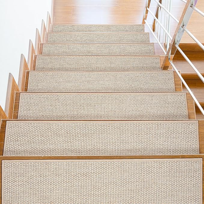 Non Slip Stair Treads for Wooden Stairs, 8" x 30" Staircase Step Treads, 100% Linen, Reusable Adhesive, Indoor, for Kids, Seniors & Dogs(Beige, 15pcs)