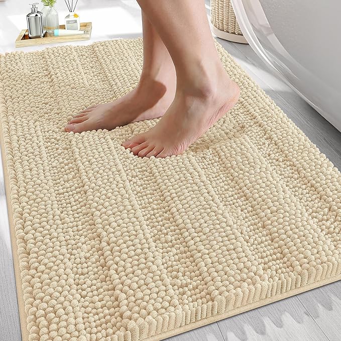 OLANLY Thick Bathroom Rugs 30x20, Extra Soft Absorbent Chenille Striped Bath Rugs, Rubber Backing, Machine Wash Dry, Bath Mats for Bathroom Floor, Tub and Shower, Home Decor Accessories, Beige