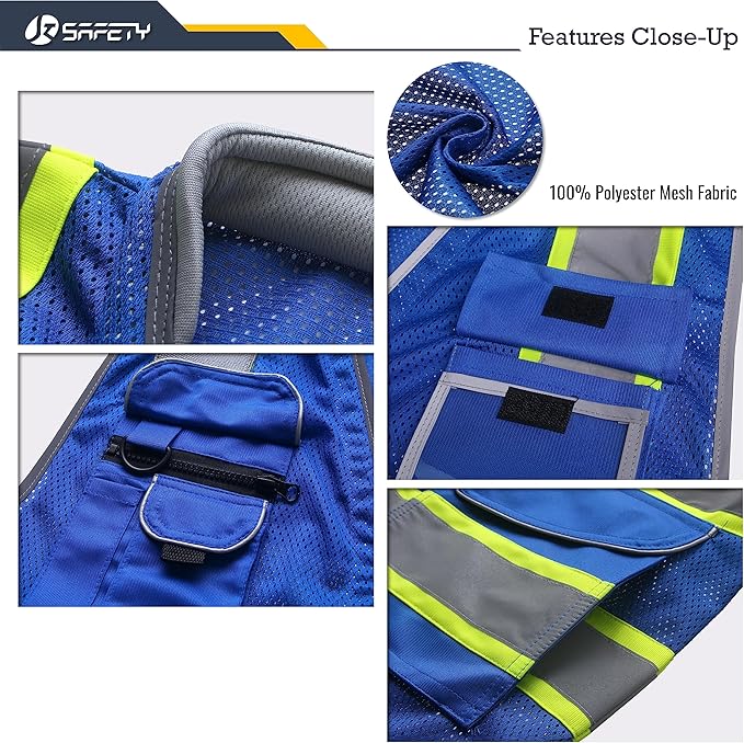 JKSafety 9 Pockets Hi-Vis Safety Vest Breathable Mesh Fabric Cushioned Collar Work Utility PPE Lightweight Industrial Work Gear ANSI/ISEA compliant (101-Blue 3XL)