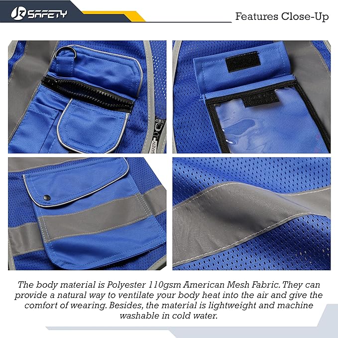 JKSafety 9 Pockets High Visibility Safety Vest for Men and Women, Hi-Vis Reflective Blue Safety Vests with Zipper Front, Meet ANSI/ISEA Standards(159-Blue 5XL)