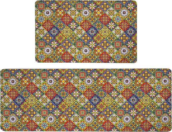 Boho Kitchen Rugs Set 2 Memory Foam Colorful Ceramic Comfort Tile Floor Mat Anti Fatigue Non-Skid PVC Runner Rug Water & Oil Proof Carpet for Kitchen Laundry Sink,17.3x28+17.3x47 Inch, C4