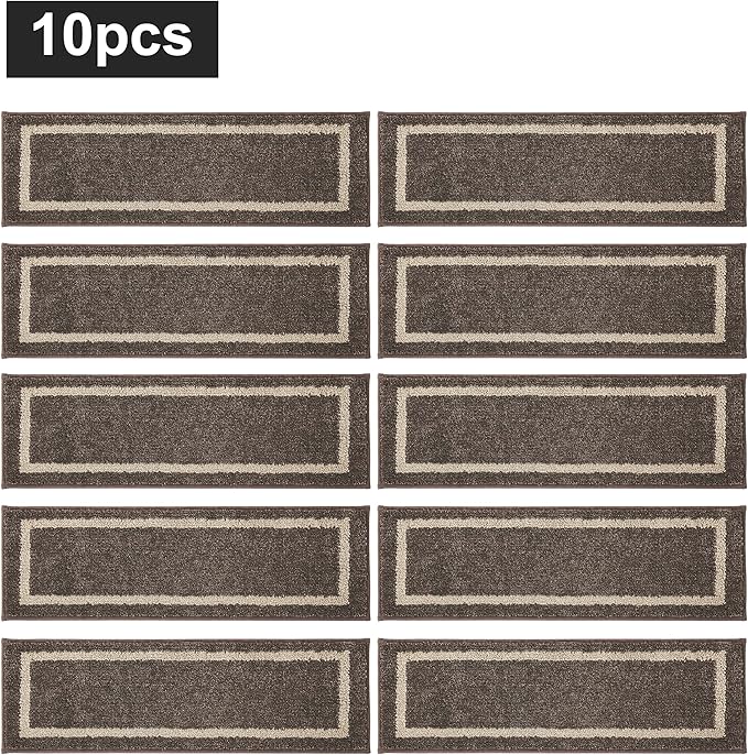 COSY HOMEER Soft Stair Treads Non-Slip Carpet Mat 28inX9in Indoor Stair Runners for Wooden Steps,Stair Rugs for Kids and Dogs, 100% Polyester TPE Backing 10pcs,Brown,Square