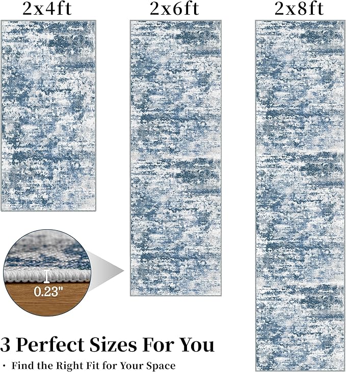 Runners for Hallways Ultra Non-Slip 2x4 Washable Kitchen Rug Abstract Tear and Stain Resistance No Pile Hand-Woven Style Lightweight Runners for Entryway, Laundry Room, Bedside, Blue