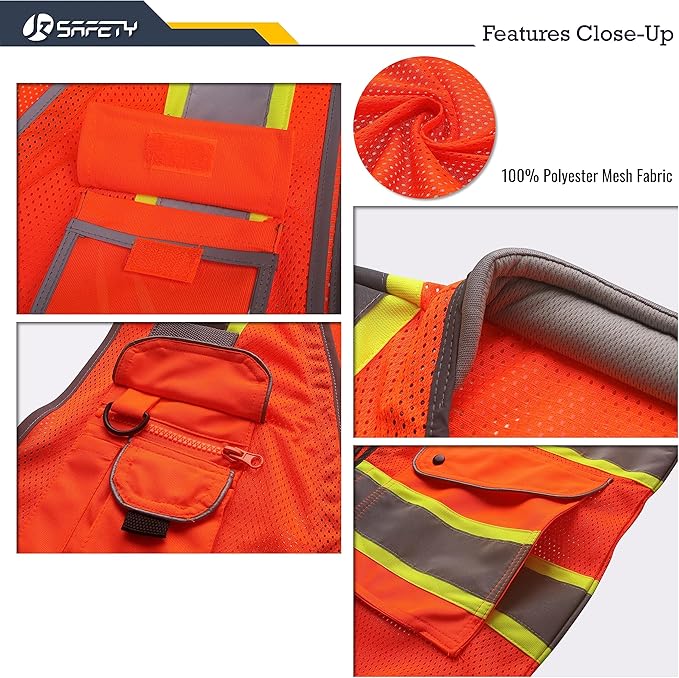 JKSafety 9 Pockets Hi-Vis Safety Vest Breathable Mesh Fabric Cushioned Collar Work Utility PPE Lightweight Industrial Work Gear ANSI/ISEA compliant (101-Orange 3XL)