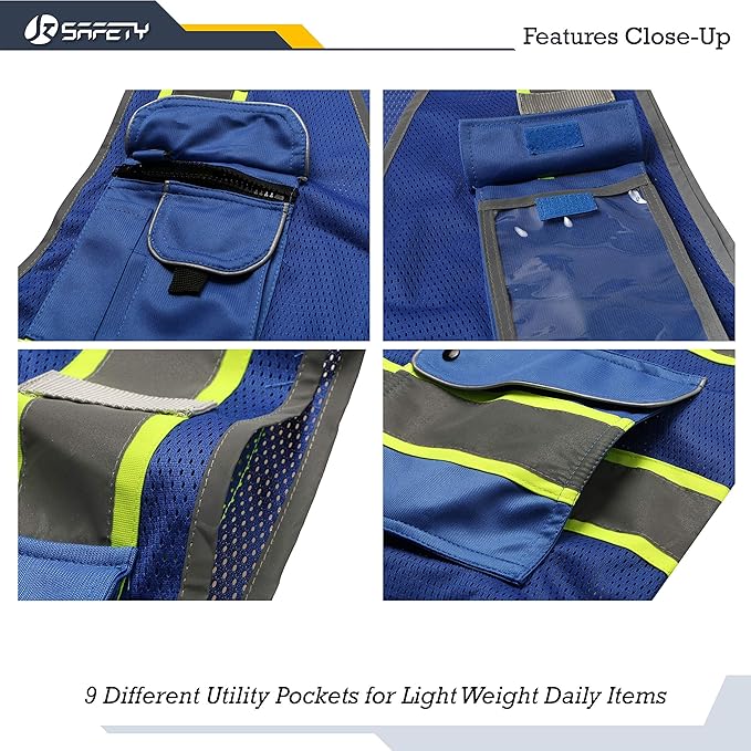 JKSafety 9 Pockets High Visibility Zipper Front MESH Blue Safety Vest | Blue with Dual Tone High Reflective Strips | ANSI/ISEA Standards (100-Blue, XXL)