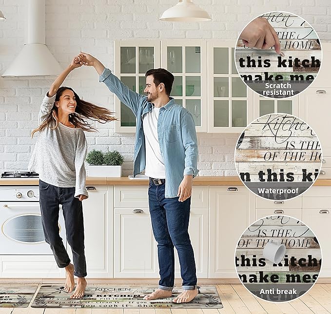 weesire Kitchen Mats for Floor Anti Fatigue Mats for Kitchen Floor Kitchen Rugs Farmhouse Style Memory Foam Kitchen Mat Cushioned PVC Leather Kitchen Rug Set, 17.3x28+17.3x47 inchs