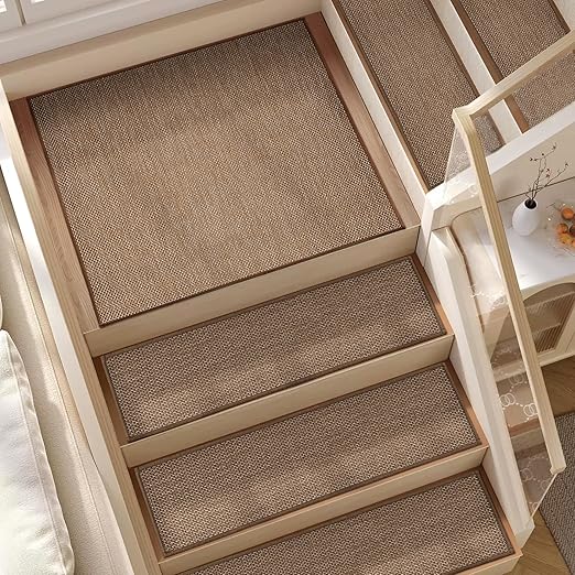 Deerly 15pcs Brown Stairs Treads and 1 Landing Carpet, Breathable Linen Stair Carpet Non Slip for Wooden Steps Peel and Stick Stairs Runner Indoor Self-Adhesive Treads Stair Covers 8"X30" and 30"X30"