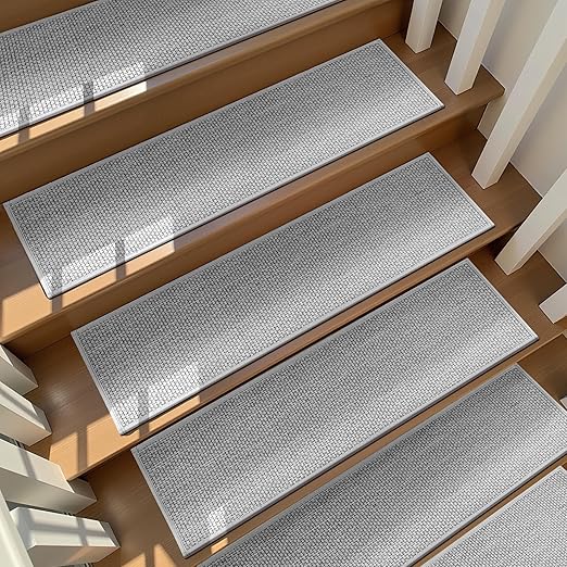 Deerly Linen Stair Treads Non Slip 15pcs Stair Runner for Wooden Steps Peel and Stick Stairs Carpet Treads Indoor Staircase Covers Mat with Self-Adhesive Backing for Pets and Kids 8"X30" Grey