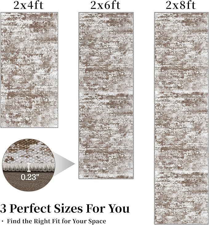 Rug Runners 2x8 Ultra Non-Slip Washable Kitchen Rug Abstract Tear and Stain Resistance No Pile Hand-Woven Style Lightweight Runners for Hallways, Entryway, Laundry Room, Bedside, Brown